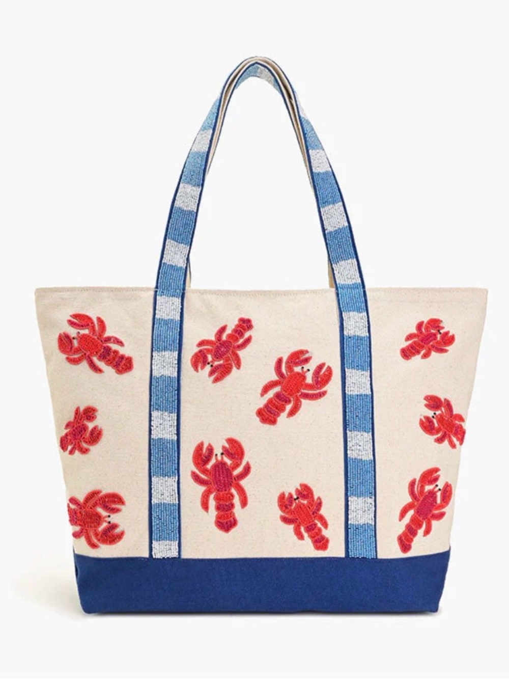 🦞 Handcrafted in India Beige Canvas Tote with LOTS of Red beaded lobsters! 🦞 - Picture 2 of 6